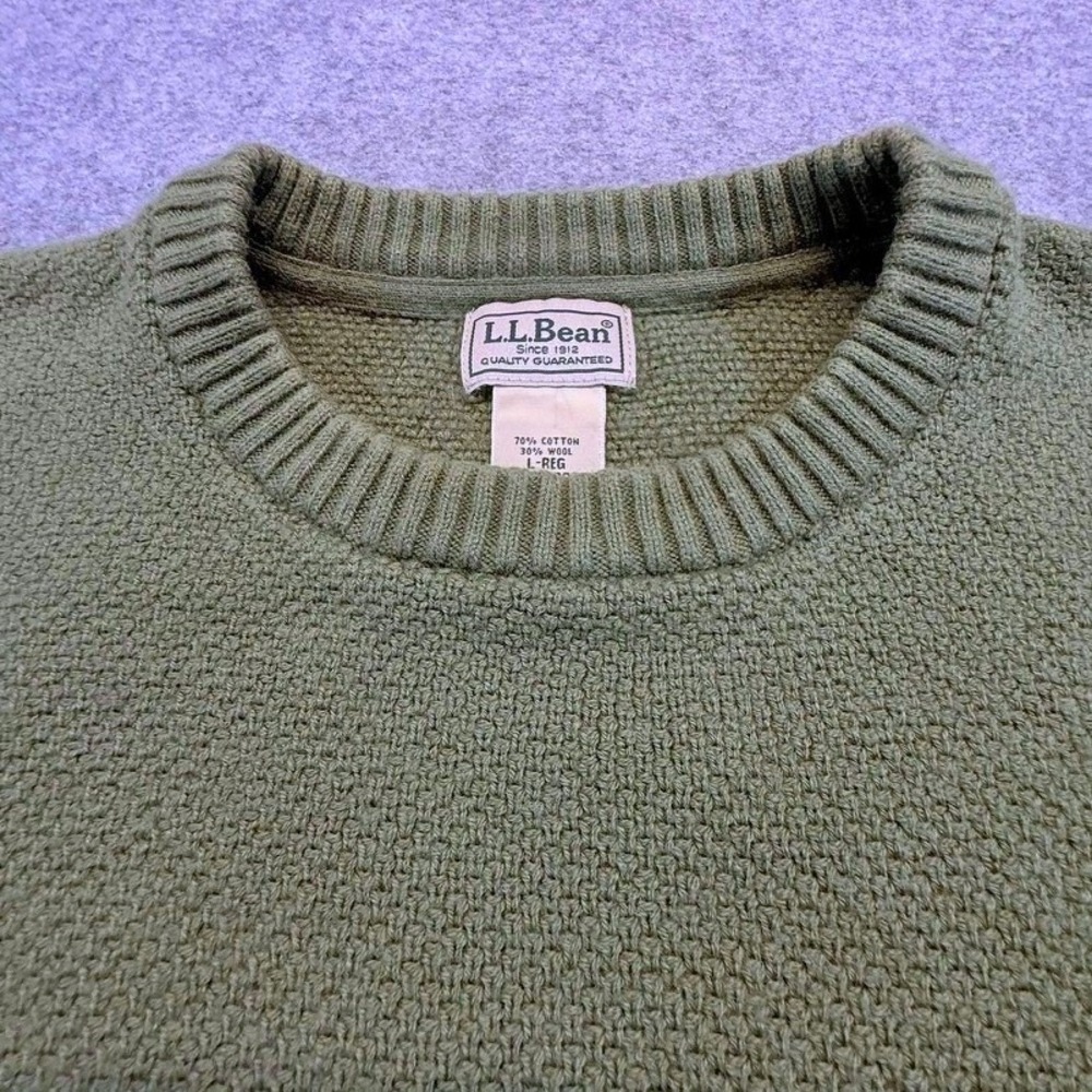 LL Bean Mens Olive Green Wool Blend Waffle Crewneck Sweater L Chunky Heritage - Picture 2 of 6